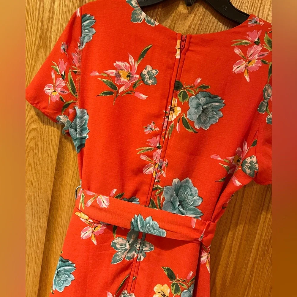 Nordstrom Love, Nickie Lew Orange Floral Faux Wrap Ruffle Mini‎ Dress Size 3